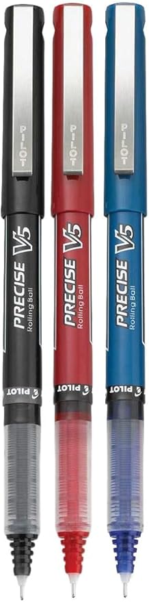 Precise V5 Stick Rolling Ball Pens, Extra Fine Point (.5mm), Assorted Colors Black/Blue/Red Ink, 3-pk; Bundle with Plastic Reusable Pouch