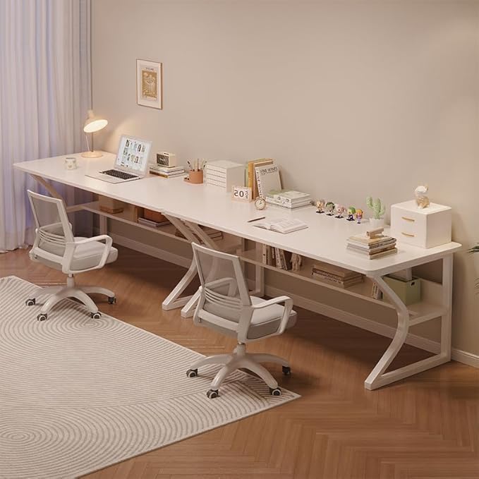 Extra Long Desk with Bookshelf - 71" Double Long Writing Table for 2-Person Workstation, Modern Study Work Computer Desk for Home and Office, Warm White