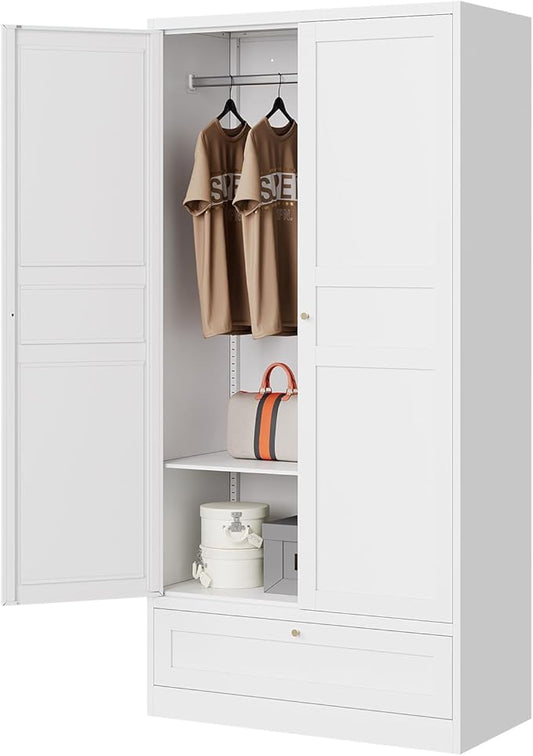 Letaya Wardrobe Closet,72" H Clothing Metal Storage Cabinet with Storage Drawer Adjustable Shelves and Hanging Rod,Bedroom Armoire Cabinet Clothes Organizer (White)