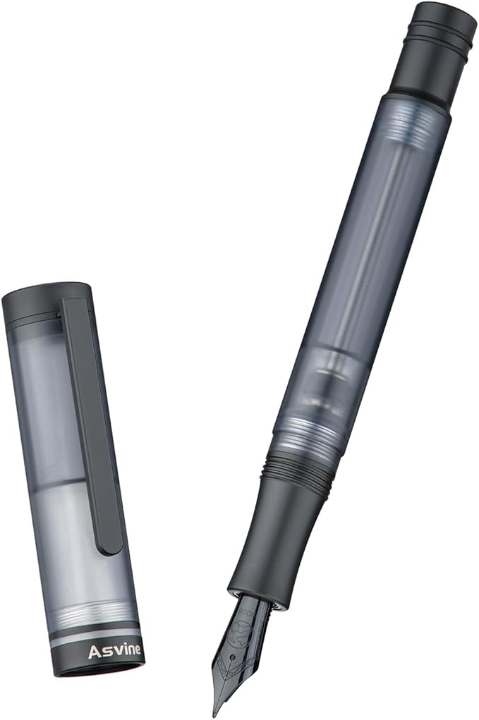 Asvine V200 Titanium Fountain Pen Vacuum Filling, Matte Black Bock Extra Fine Nib Clear Demonstrator Acrylic with Pen Case and Wrench