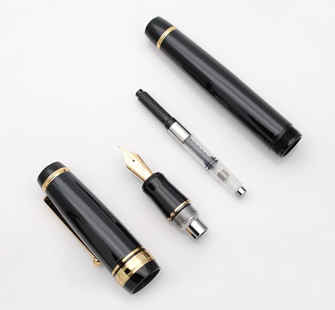 Metal Big Fountain Pen, Medium Nib 0.7mm, Includes Ink Converter & 5 Cartridges, Glossy Piano Painted Finish (Black)
