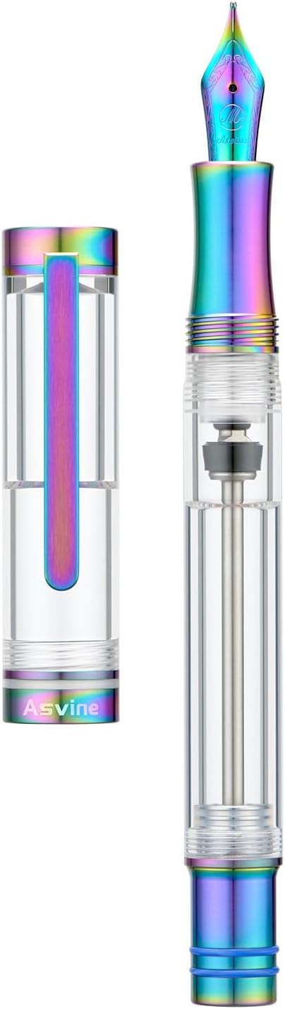 Asvine V200 Titanium Fountain Pen Vacuum Filling, Rainbow Medium Nib Clear Demonstrator Acrylic with Pen Case and Wrench