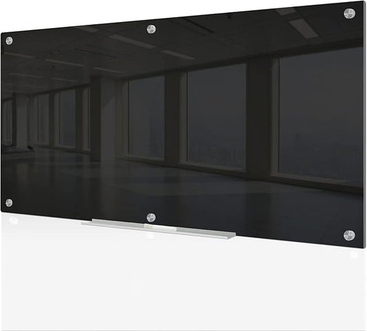 J&J worldwide Black Glass Whiteboard Magnetic Dry Erase Board 6' x 3', Large Frameless Glass White Board Wall Mounting for Office, Home, School, Includes Magnets, Marker Tray, Eraser