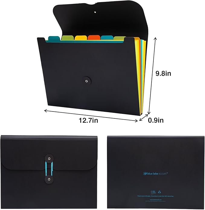 Blue Lake ECOLIFE Expanding File Folder Accordion Plastic Free 7 Pocket Rainbow Divider Expandable Folders Organizer Black