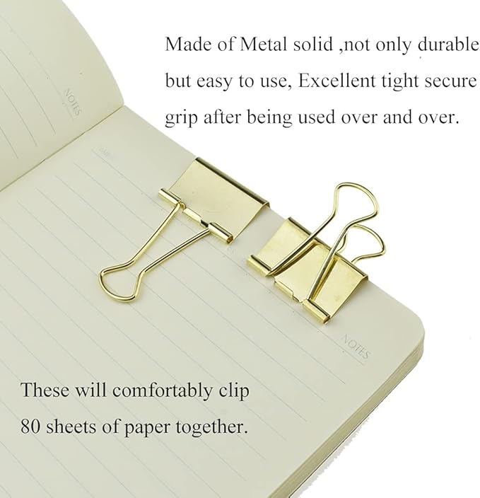 HAHIYO Binder Clips Paper Clamps Spring Steel Sturdy Medium 1.26 inches Width 0.39 Inch Capacity No Sharp Edges Heavy Duty Tight Grip Reusable Gold Metal Bright Finish for Home Office School 13 Pack
