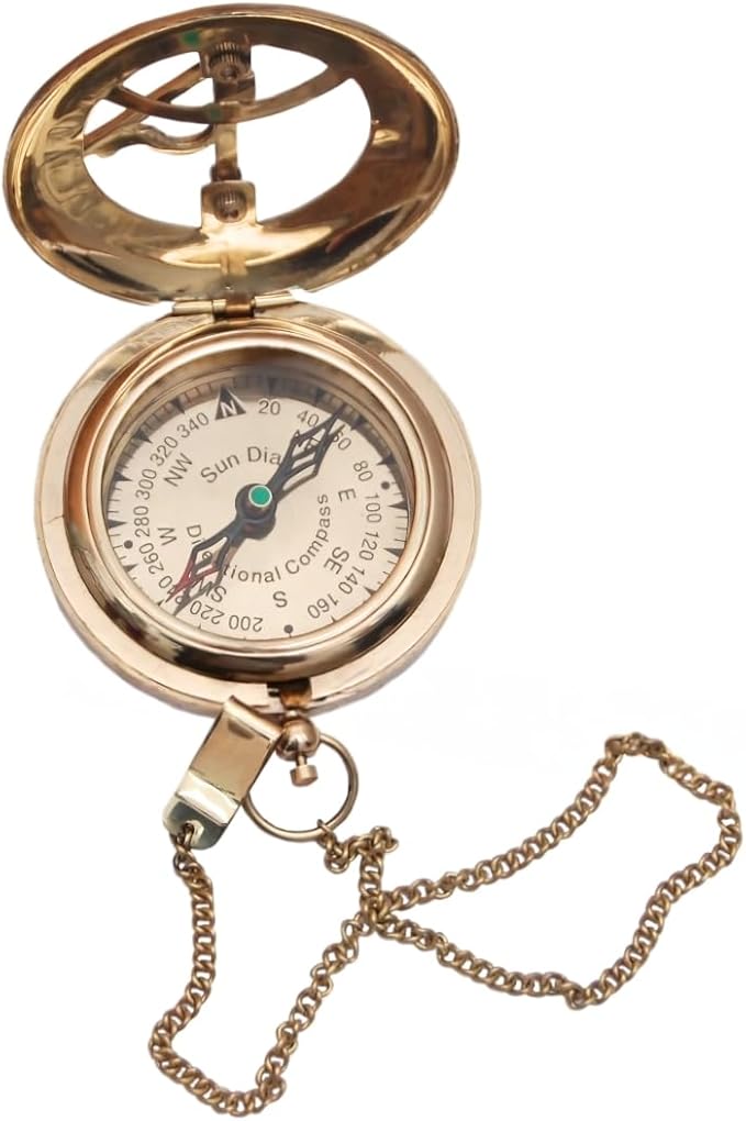 Brass Sundial Compass with Leather Case - Compass Gift for Men - Anniversary Sundial Compass Gift for Him or Her–Antique Brass & Copper-Sundial Clock in Box Gift