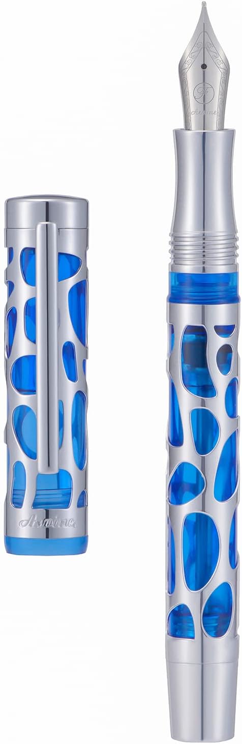 Asvine V169 Vacuum Filling Fountain Pen Medium Nib, Water Drop Skeleton Transparent Blue Acrylic Pen Case Set