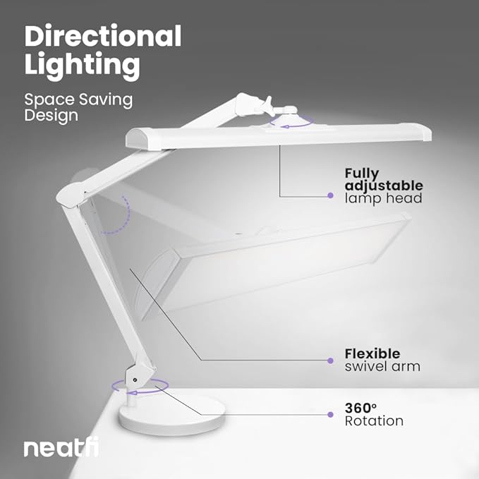 Neatfi Ultra 3,500 Lumen LED Desk Lamp, Color Correlated Temperature, 3 Light Modes, Dimmable, 45W, 26 Inch Wide Metal Shade, 540 SMD LEDs (CCT with Base, White)