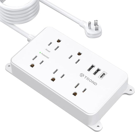 TROND Surge Protector Power Strip 15ft Extension Cord, ETL Listed, 5 Widely Spaced AC Outlets, 2 USB A and 1 USB C, 1300J, Flat Plug Power Strip, Wall Mountable, for Home Office, White