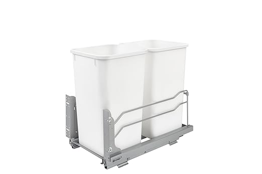 Rev-A-Shelf Double Pull-Out Trash Can for Under Kitchen Cabinets 27 Quart 12.5 Gallon with Soft-Close Slides, White, 53WC-1527SCDM-211