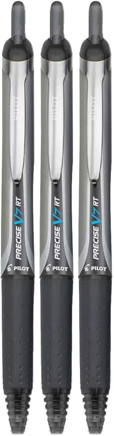 Precise V7 RT Retractable Rolling Ball Pens, Fine Point (.7mm), Black Ink, 3-pk; Premium Comfort Grip, Bundle with Plastic Reusable Pouch