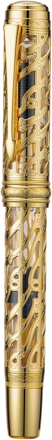 Hongdian A6 Piston Fountain Pen Fine Soft Nib, Golden Hollow Skeleton & Transparent Resin Pen with Metal Case Set