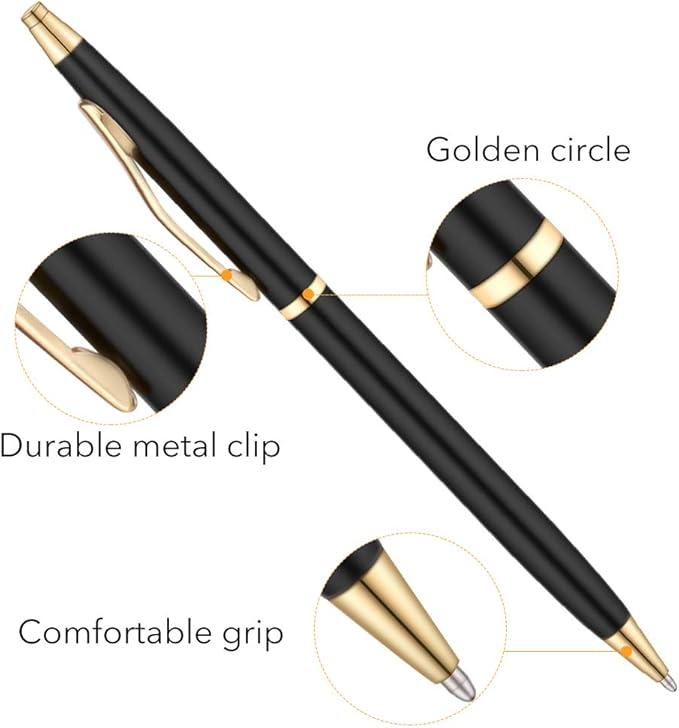 Unibene Slim Metallic Retractable Ballpoint Pens - Black & Gold, Nice Gift for Business Office Students Teachers Wedding Christmas, Medium Point(1 mm) 6 Pack-Black ink