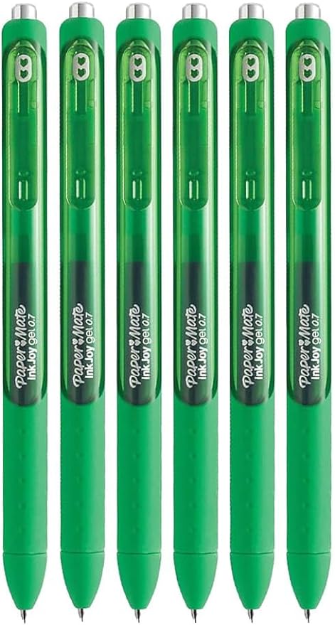 Paper Mate InkJoy Gel Pens, Green Ink, Medium Point (0.7mm), 6 Count, Bundle with Plastic Reusable Pouch