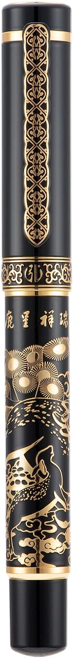 Hongdian 8037 Chinese Classical Fountain Pen, Iridum Fine Gold Nib with Chinese Deer Totem Design, Smooth Writing Pen with Ink Converter and Metal Pen Box Set