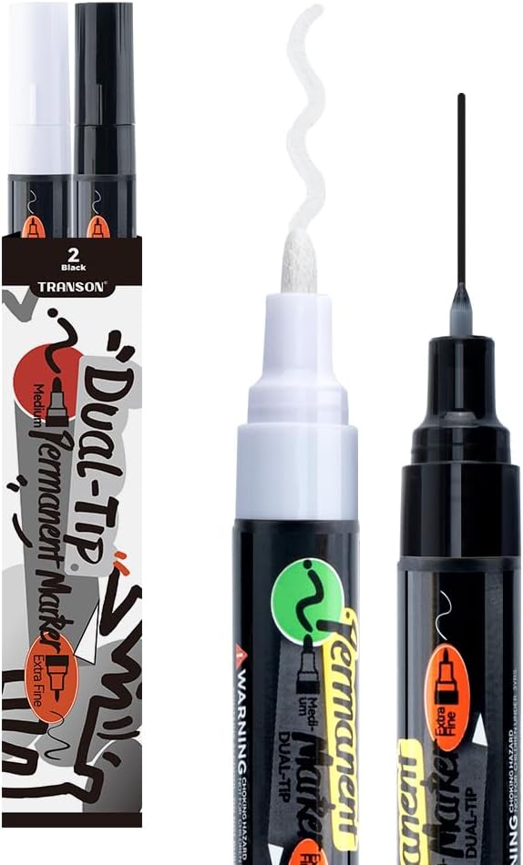 TRANSON Black and White Dual-tip Permanent Paint Markers Oil Based Waterproof