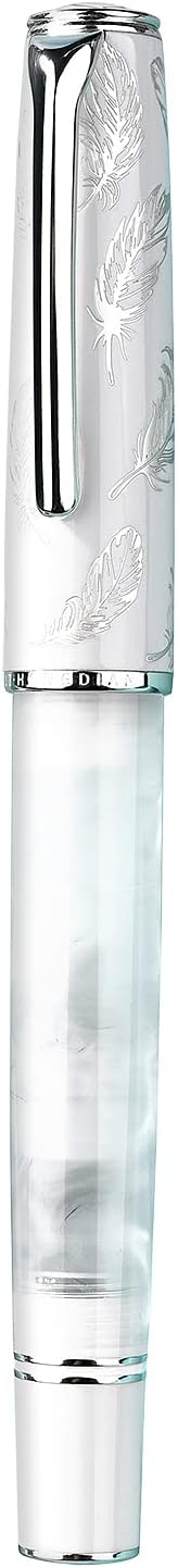 Hongdian N8 White Acrylic Resin Fountain Pen, Iridium Extra Fine Nib Silver Plated Feather Carving Cap Smooth Writing Pen with Converter and Metal Pen Box Set