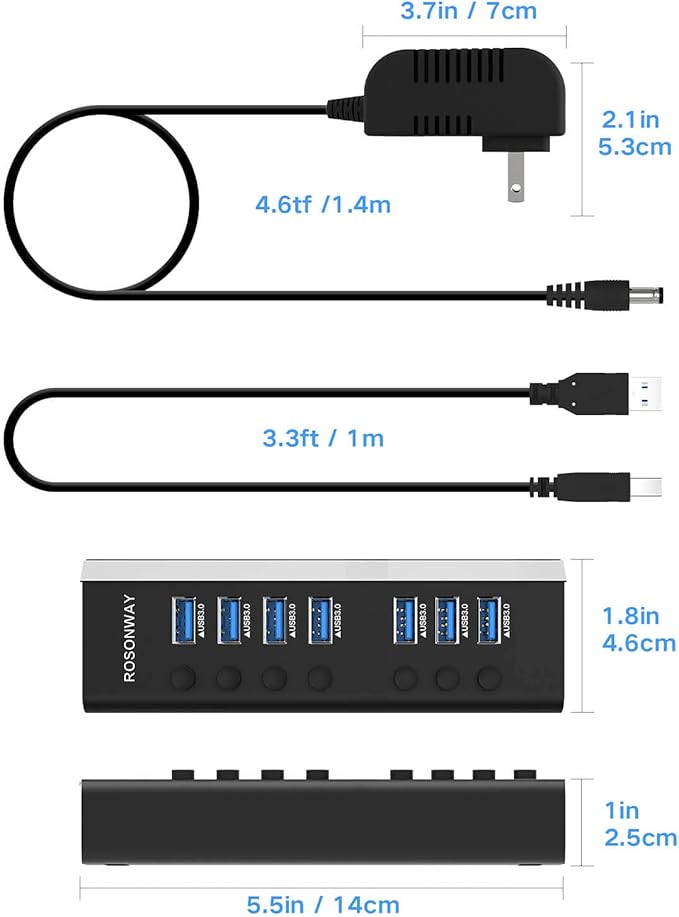 USB Hub 3.0 Powered Rosonway Aluminum 7 Ports USB 3.0 Data Hub Splitter with 24W (12V/2A) Power Adapter and Individual On/Off Switches USB Port Expander for PC and Laptop (RSH-A37S)