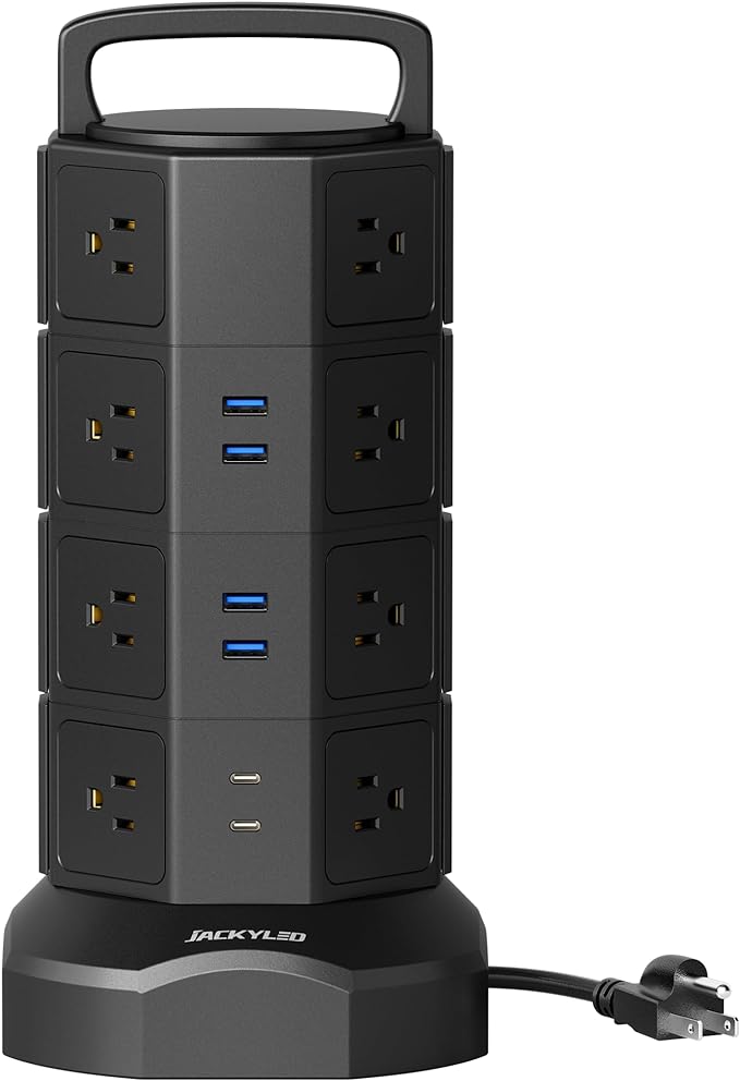 Power Strip Tower Surge Protector, JACKYLED 16 Outlets 6 USB (2 USB C) Charging Station, Extension Cord with Multiple Outlets, 1050J 1625W/13A Outlet Extender 6.5ft Extension Cord for Home Office