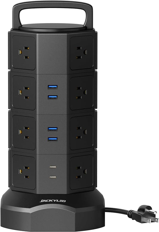 Power Strip Tower Surge Protector, JACKYLED 16 Outlets 6 USB (2 USB C) Charging Station, Extension Cord with Multiple Outlets, 1050J 1625W/13A Outlet Extender 6.5ft Extension Cord for Home Office