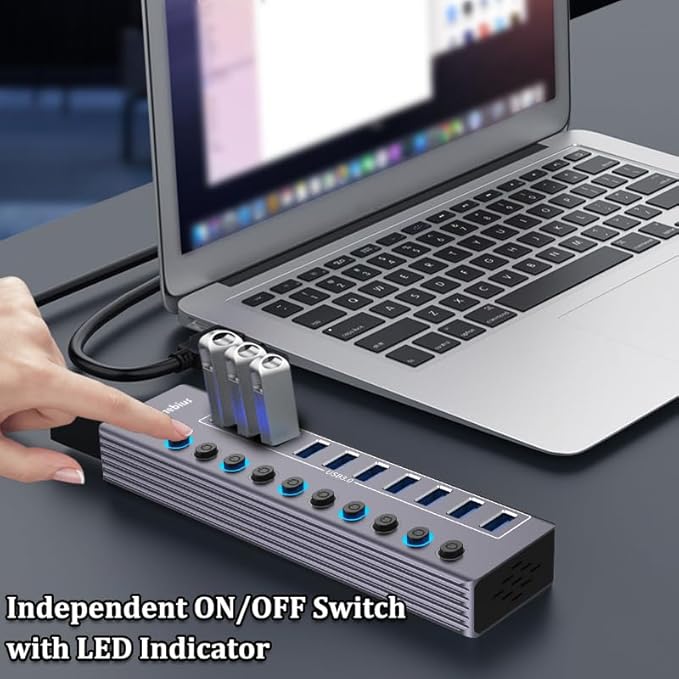 Powered 10-Port USB 3.0 Hub, USB C to 10 Ports USB Data Hub Splitter with Individual LED On/Off Switche, 3.3FT Cable, 12V/3A Power Adapter, for Laptop MacBook Pro/Air PC (Aluminum Gary)