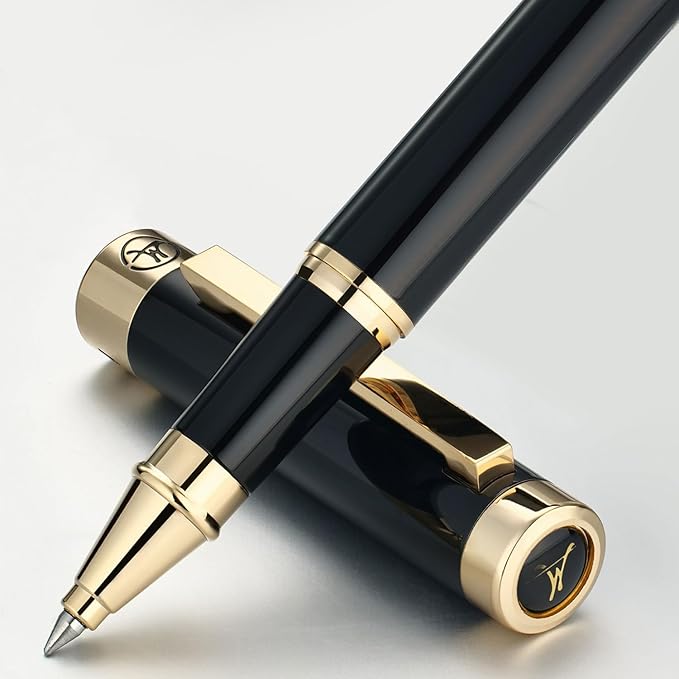 Black Rollerball Pen With 24K Gold Finish, Luxury Grade Craftsmanship Pen, Schmidt 888F Ink Refill, Exquisite Men's And Women's Gift Pen Set, Professional, Writing, Executive,Office, Nice Pen