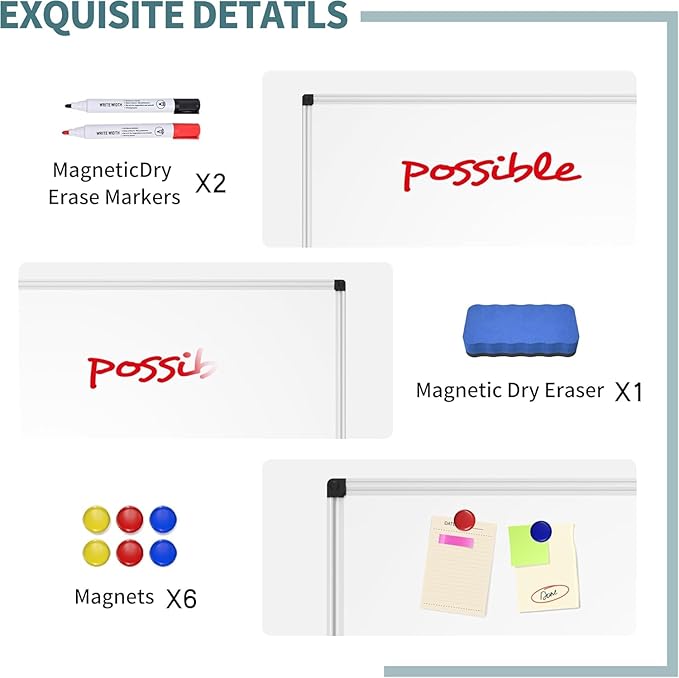 Magnetic Dry Erase Whiteboard - 46 x 33 Inch White Board - 4 x 3 Large Wall-Mounted Board with Silver Aluminum Frame, 1 Magnetic Eraser, 2 Pens, Detachable Marker Tray, 6 Magnets