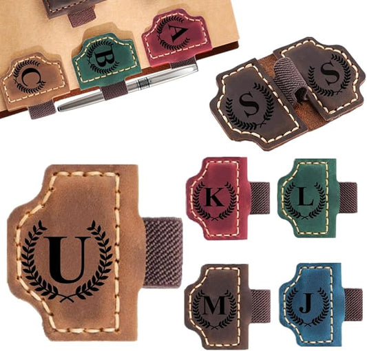 Custom Bookmark with Pen Holder with 26 Letters Personalized Magnetic Leather Book Mark, Customized Name Book Marker Clip with Initial for Men Women, Gifts for Book Lovers, Readers, (Brown, U)