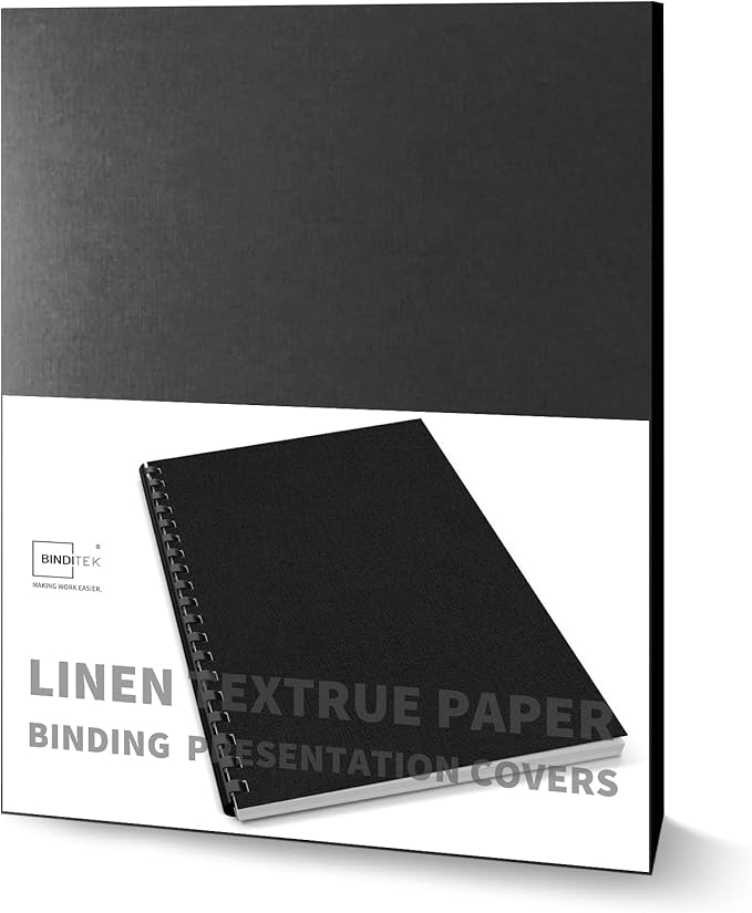 Binditek 25 Pack 13 Mil Slight Linen-Texture Paper Binding Presentation Covers, 90lb, for Business Documents, School Projects, 8-1/2 x 11", Un-Punched, Black