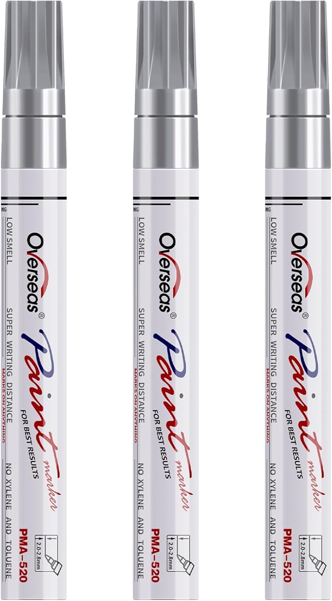 Overseas Permanent Paint Markers Pens - 3 Pack Silver Oil Based Paint Pens, Medium Tip, Quick Drying and Waterproof Marker Pen for Metal, Rock, Wood, Fabric, Plastic, Canvas, Mugs, Stone, Glass