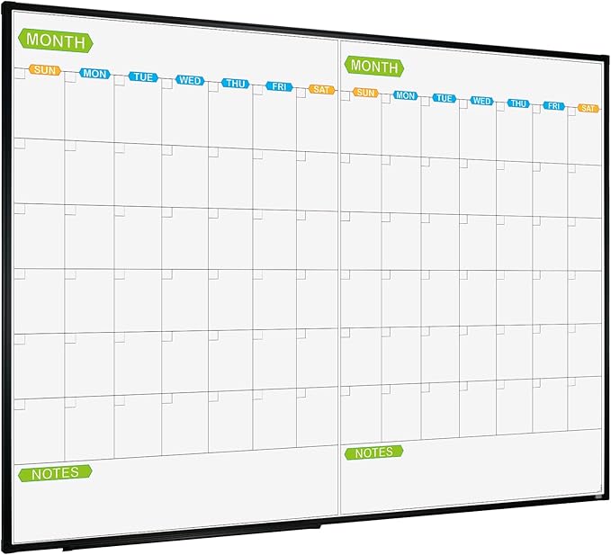 JILoffice Magnetic Dry Erase Calendar Whiteboard, 2 Month White Board Planner 48 X 36 Inch, Black Aluminum Frame Wall Mounted Board for Office Home and School