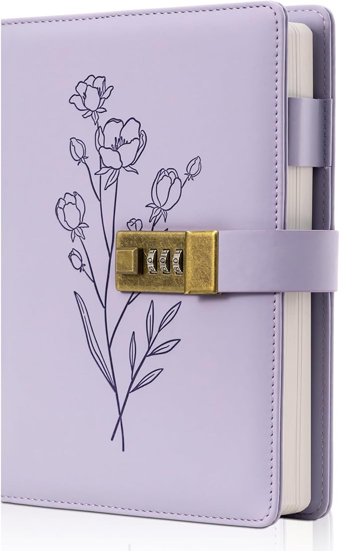 Lock Diary for Women Diary with Lock for Girls A5 Leather Locked Journal 260 Pages 100 GSM Refillable Journal with Lock for Teens Secrets Flower Journals with Combination Passwords, 5.7"x8.3", Purple