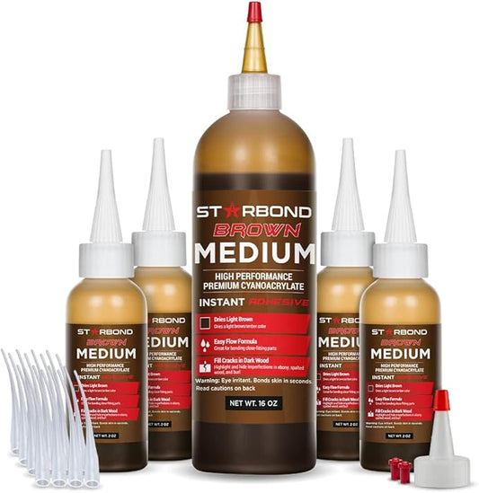 Premium Grade Cyanoacrylate (CA) Super Glue by STARBOND - 16 OZ Complete Refill KIT (453-gram) - Light Brown Medium Crack Filler 150 CPS Viscosity Adhesive for Woodworking, Woodturning, Carpentry