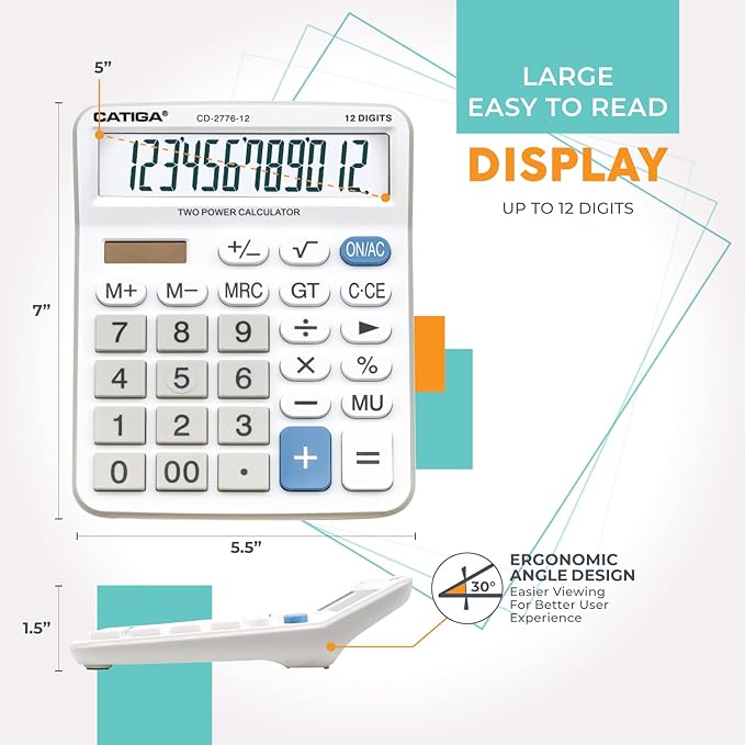 Premium Commercial 12-Digit Large Desktop Calculator with Huge 5-Inch LCD Display Screen, Giant Responsive Buttons, Battery and Solar Powered, Perfect for Home/Office Accounting Finance Use, CD-2776