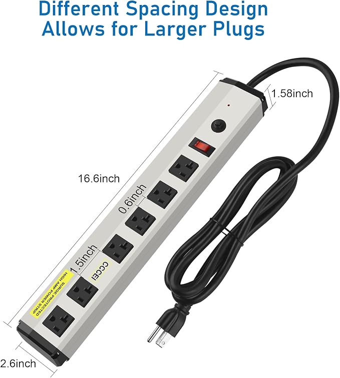 CCCEI Heavy Duty Power Strip Surge Protector 20 Amp, High Amp Industrial Shop Garage Metal Multiple Outlets, 15 FT 12 Gauge 5-15P Extension Cord 6 Outlet 6-20R T-Slot 20a for Appliance.