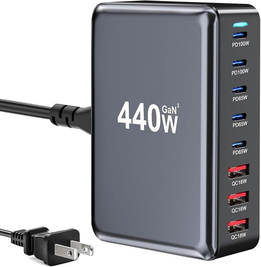 440W Fast USB C GAN Charger Block 8 Port Charging Station HUB Brick Dual PD PPS 100W Wall Charger Compatible with MacBook Pro/Air/All iPad iPhone 16/15/14/13/Pro Max
