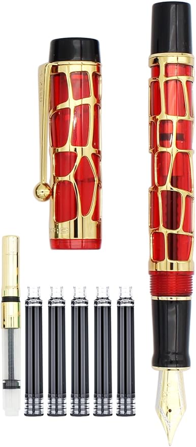 Gullor Century 100 Fountain Pen, Skeleton Hollow-out Series Golden, Screw-Cap, Fine Nib, Transparent Red