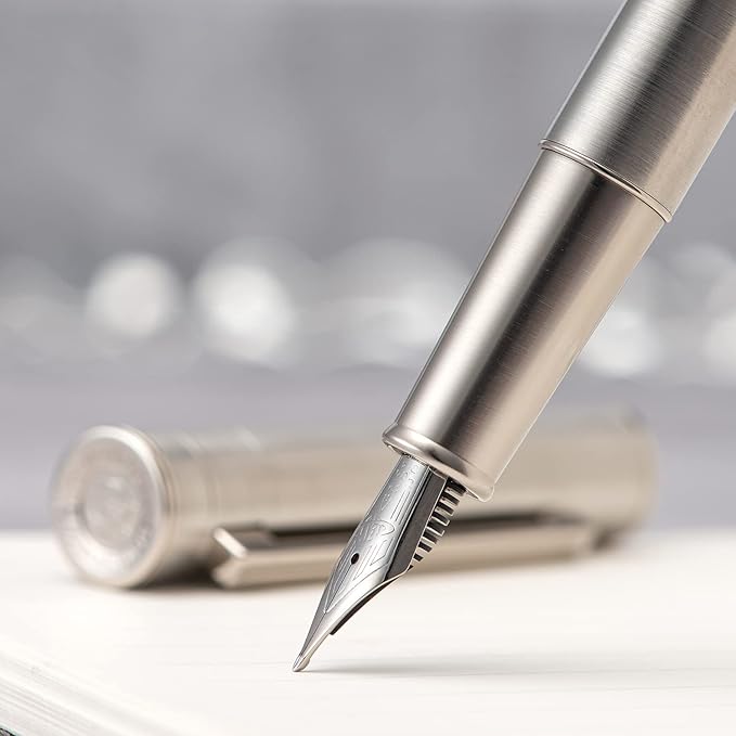 Hongdian 1861 Stainless Steel Fountain Pen Long Blade Nib, Classic Design Smooth Writing Pen with Converter and Metal Pen Case Set