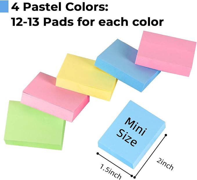 Umikk 50 Pack Sticky Notes 1.5x2 in, 5000 Sheets Small Self-Stick Note, 4 Color Mini Sticky Notes Pad Bulk, Easy to Post for Office, School, Home