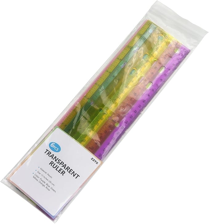 ZZTX 6 Pack Color Transparent Ruler Plastic Rulers 12 Inch, Metric Bulk Rulers with Inches and Centimeters, Kids Ruler for School, Home, Office