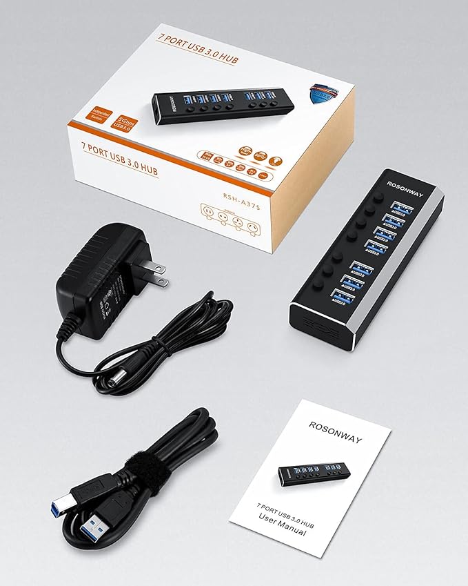 USB Hub 3.0 Powered Rosonway Aluminum 7 Ports USB 3.0 Data Hub Splitter with 24W (12V/2A) Power Adapter and Individual On/Off Switches USB Port Expander for PC and Laptop (RSH-A37S)