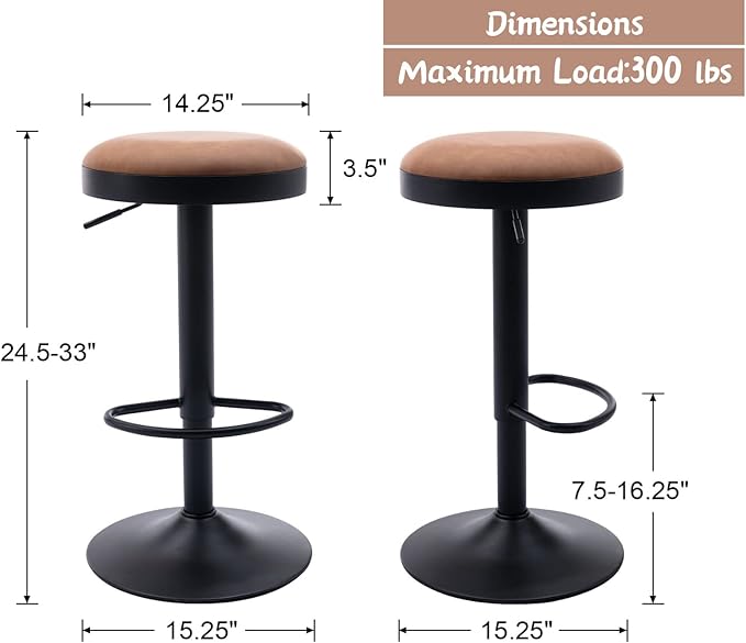Round Swivel Counter Height Bar Stools Set of 4 Modern Adjustable Barstools Backless PU Leather Bar Chairs Industrial Island Chairs with Metal Base/Footrest for Kitchen Island/Pub/Bar, Brown