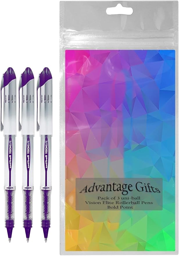 Vision Elite Rollerball Pens, Bold Point (0.8mm), Purple Ink, 3 count, Bundle with Plastic Reusable Pouch
