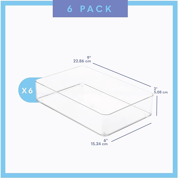 Plastic Clear Drawer Organizers. Bathroom. Kitchen, Bedroom, Utensils, Office Organizer Bins, Storage Trays. Stackable. 9" x 6" x 2" Set of 6