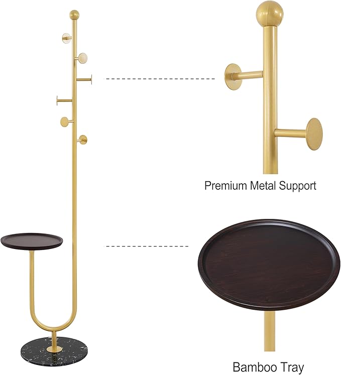 Coat Rack Stand, Metal Coat Tree with Bamboo Tray & 6 Hooks, Heavy Duty Marble Base Corner Coat Stand for Bedroom Hallway Entryway Living Room Office 13.78 x 13.78 x 68.11 Inches (Gold)