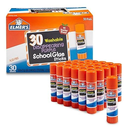 Elmer’s Disappearing Purple School Glue Sticks, Washable, 7g, 30 Count - Bulk Pack for Classrooms, #1 Teacher Brand