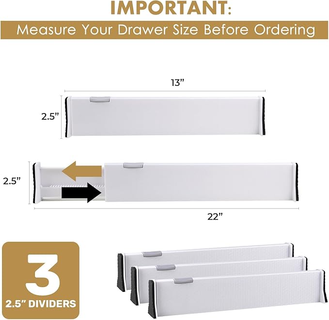 RAPTUROUS Adjustable Drawer Dividers, 2.5" Tall, Expandable 13-22", 3-Pack, Non-Slip for Dresser, Closet, Kitchen, Nursery, and Office (White)