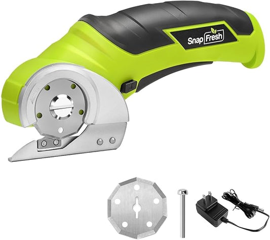 SnapFresh Cordless Electric Scissors, 4V Electric Mini Box Cutter, Carpet & Cardboard Cutter Tool with a Replacement Blade/Charger, Rotary Cutter for Cardboard Packages Leather Plastic （Green）