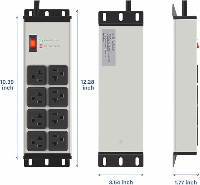 CCCEI 2PCS Heavy Duty Power Strip Surge Protector 20 AMP, 8 Outlets 12 Gauge Shop Garage Metal Multiple Outlets, 10 FT Extension Cord 5-15P Adapter High Amp 6-20R T-Slot 20a for Appliance Grey.