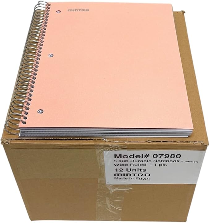 Mintra Office Durable Spiral Notebooks, 5 Subject (Salmon, Wide Ruled 12pk)
